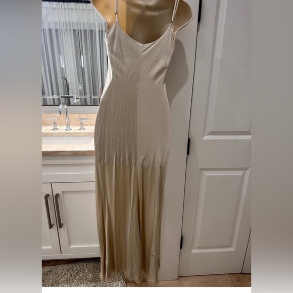 Pharaoh Beige Satin Slip Dress with Frayed Trim, Size P/XS - Picture 3 of 13